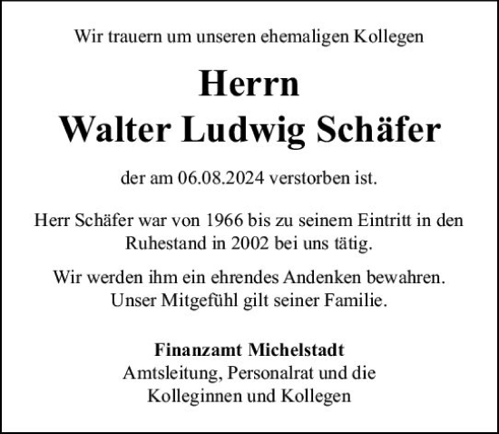 Traueranzeige von Walter Ludwig Schäfer von Odenwälder Echo