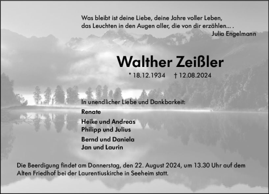 Traueranzeige von Walther Zeißler von Darmstädter Echo