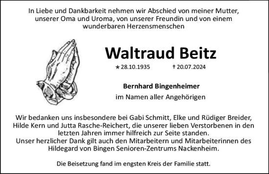Traueranzeige von Waltraud Beitz von Allgemeine Zeitung Mainz