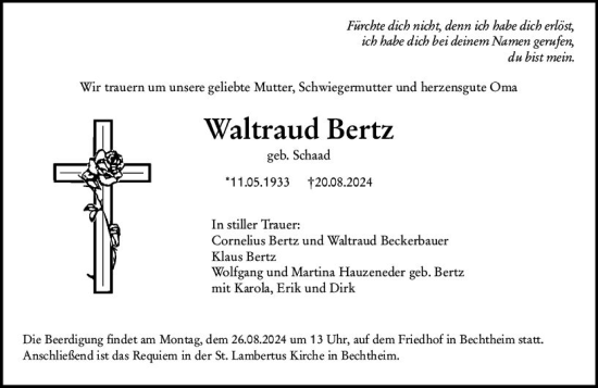 Traueranzeige von Waltraud Bertz von Wormser Zeitung