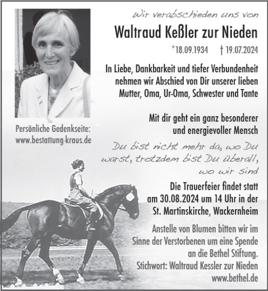Traueranzeige von Waltraud Keßler zur Nieden von Allgemeine Zeitung Rheinhessen-Nahe