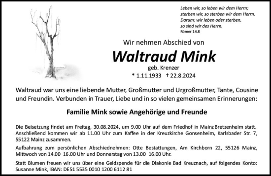 Traueranzeige von Waltraud Mink von Allgemeine Zeitung Mainz