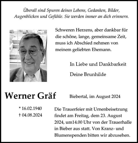 Traueranzeige von Werner Gräf von Wetzlarer Neue Zeitung