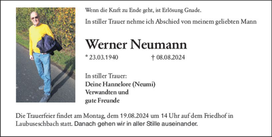 Traueranzeige von Werner Neumann von Weilburger Tageblatt