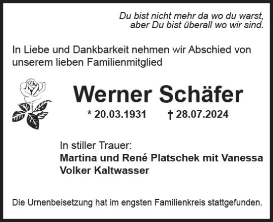 Traueranzeige von Werner Schäfer von Wiesbadener Kurier