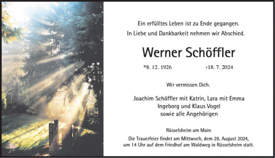 Traueranzeige von Werner Schöffler von Rüsselsheimer Echo