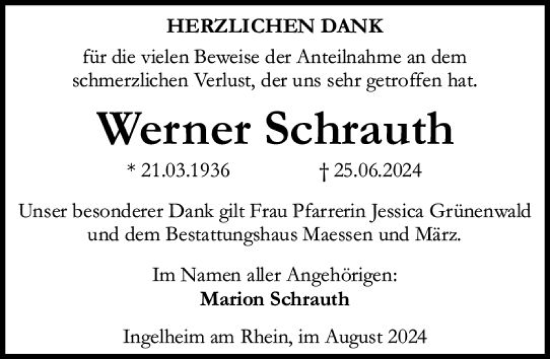 Traueranzeige von Werner Schrauth von Allgemeine Zeitung Rheinhessen-Nahe