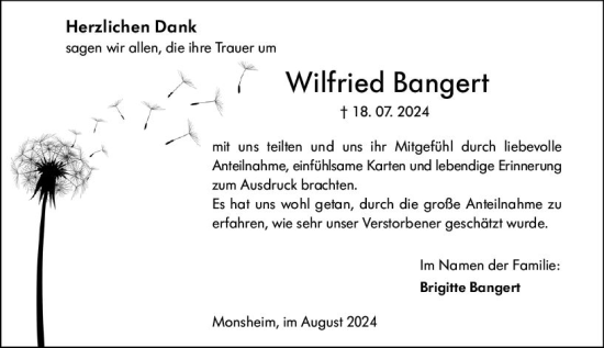 Traueranzeige von Wilfried Bangert von Wormser Zeitung