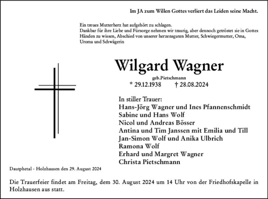 Traueranzeige von Wilgard Wagner von Hinterländer Anzeiger