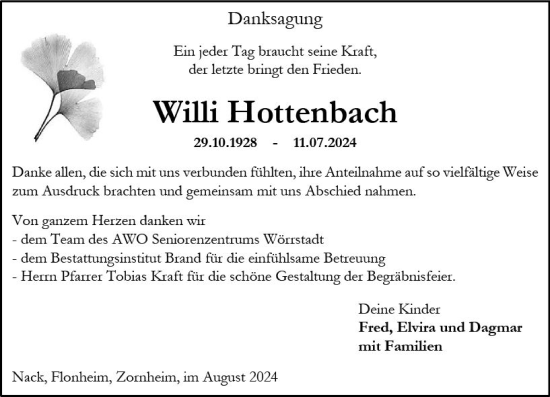 Traueranzeige von Willi Hottenbach von Allgemeine Zeitung Alzey