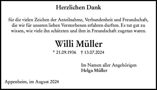 Traueranzeige von Willi Müller von Allgemeine Zeitung Rheinhessen-Nahe
