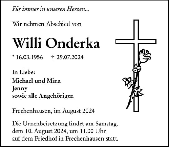 Traueranzeige von Willi Onderka von Hinterländer Anzeiger