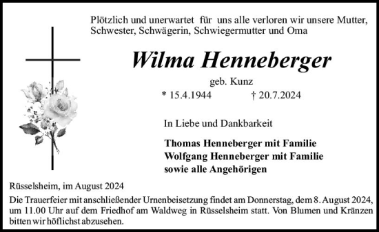 Traueranzeige von Wilma Henneberger von Rüsselsheimer Echo
