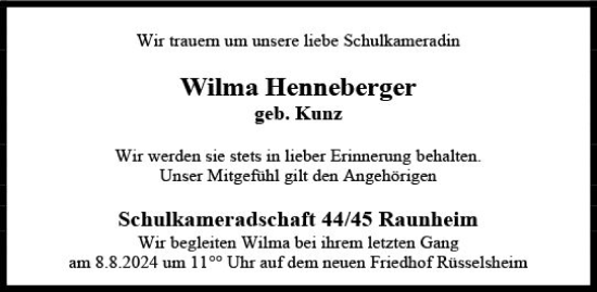Traueranzeige von Wilma Henneberger von Rüsselsheimer Echo