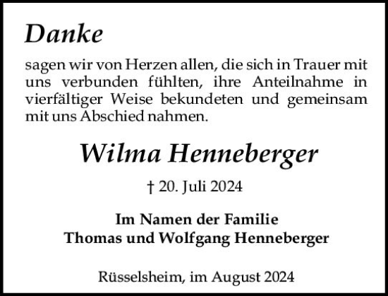 Traueranzeige von Wilma Henneberger von Rüsselsheimer Echo