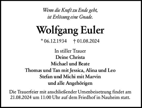 Traueranzeige von Wolfgang Euler von Rüsselsheimer Echo