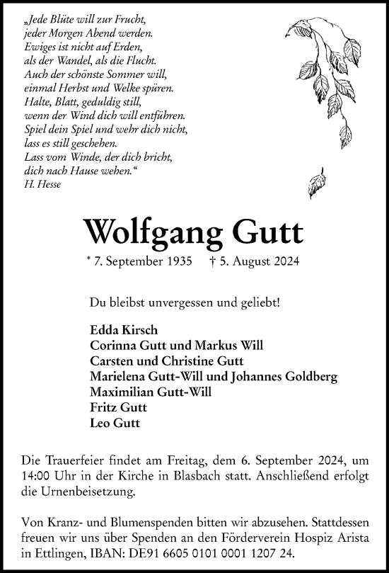 Traueranzeige von Wolfgang Gutt von Wetzlarer Neue Zeitung