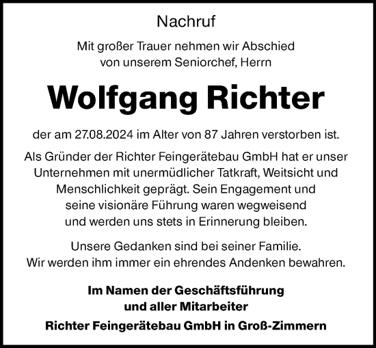 Traueranzeige von Wolfgang Richter von Darmstädter Echo