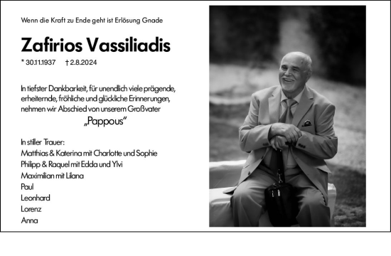 Traueranzeige von Zafirios Vassiliadis von Wormser Zeitung