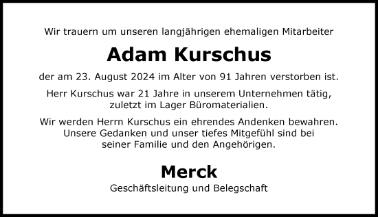Traueranzeige von Adam Kurschus von Darmstädter Echo