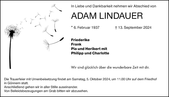 Traueranzeige von Adam Lindauer von Hinterländer Anzeiger