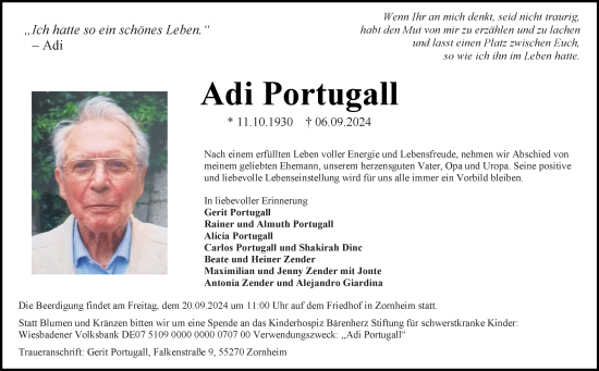 Traueranzeige von Adi Portugall von Allgemeine Zeitung Mainz
