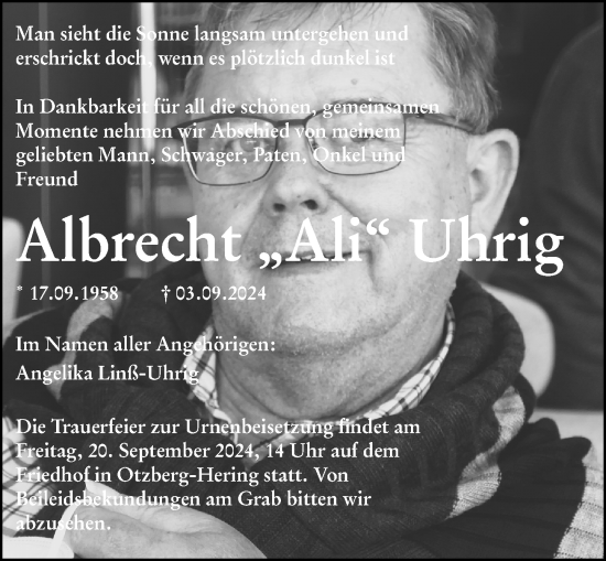 Traueranzeige von Albrecht Uhrig von Darmstädter Echo