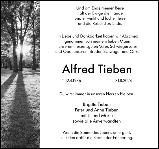 Traueranzeige von Alfred Tieben von Hinterländer Anzeiger