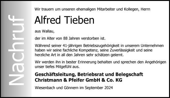 Traueranzeige von Alfred Tieben von Hinterländer Anzeiger