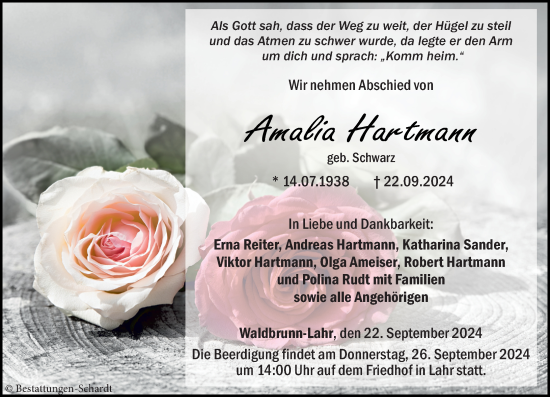 Traueranzeige von Amalia Hartmann von Nassauische Neue Presse