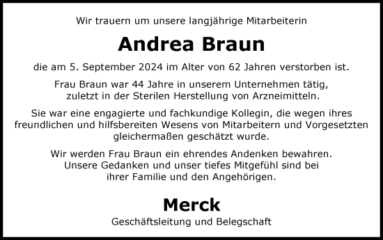 Traueranzeige von Andrea Braun von Darmstädter Echo