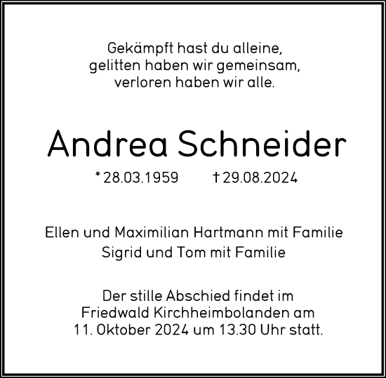 Traueranzeige von Andrea Schneider von Wormser Zeitung