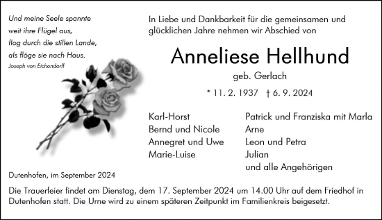 Traueranzeige von Anneliese Hellhund von Wetzlarer Neue Zeitung