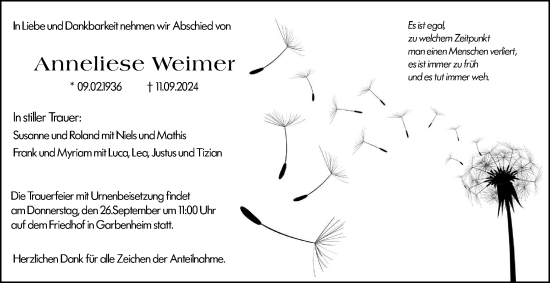 Traueranzeige von Anneliese Weimer von Wetzlarer Neue Zeitung