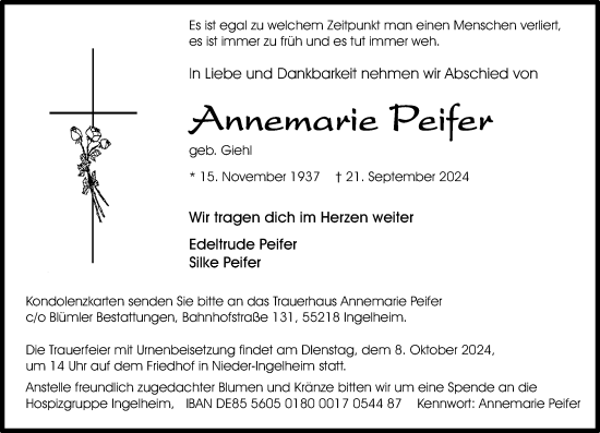 Traueranzeige von Annemarie Peifer von Allgemeine Zeitung Rheinhessen-Nahe