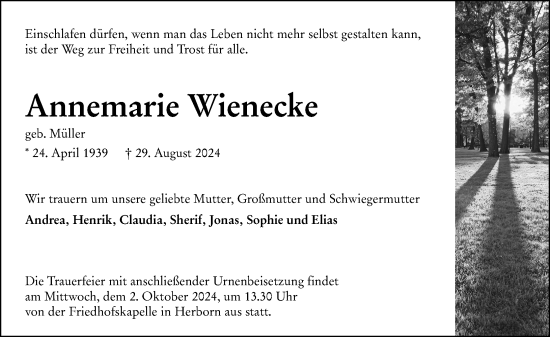 Traueranzeige von Annemarie Wienecke von Dill Block