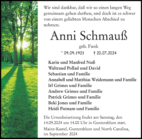 Traueranzeige von Anni Schmauß von Allgemeine Zeitung Mainz