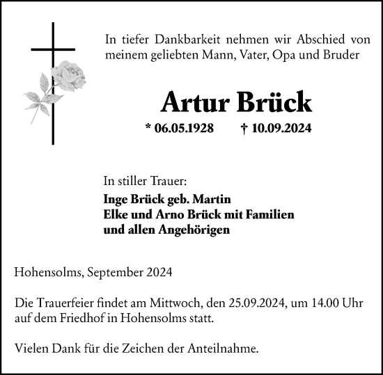 Traueranzeige von Artur Brück von Wetzlarer Neue Zeitung