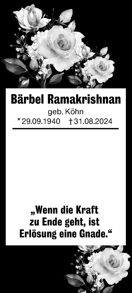 Traueranzeige von Bärbel Ramakrishnan von Darmstädter Echo