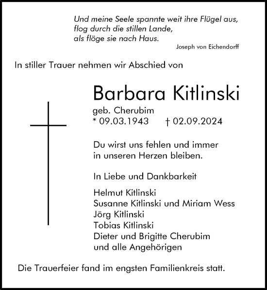 Traueranzeige von Barbara Kitlinski von Darmstädter Echo