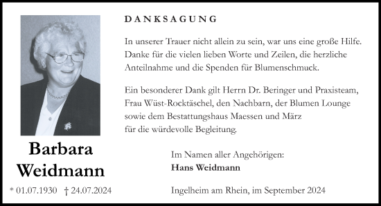 Traueranzeige von Barbara Weidmann von Allgemeine Zeitung Rheinhessen-Nahe