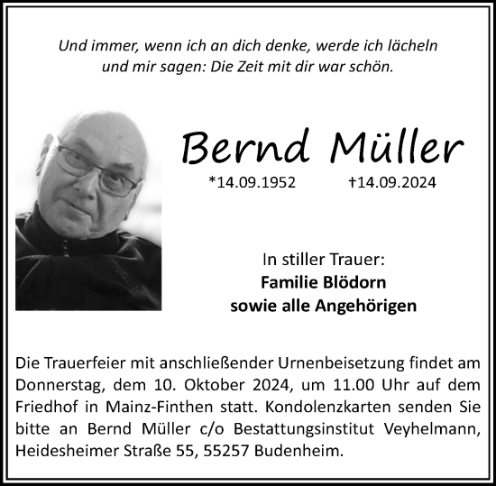 Traueranzeige von Bernd Müller von Allgemeine Zeitung Mainz