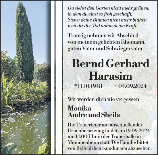 Traueranzeige von Bernd Gerhard Harasim von Allgemeine Zeitung Mainz