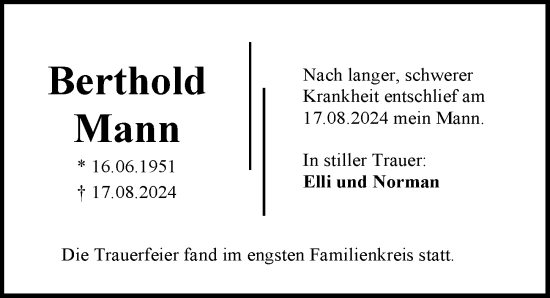 Traueranzeige von Berthold Mann von Allgemeine Zeitung Mainz