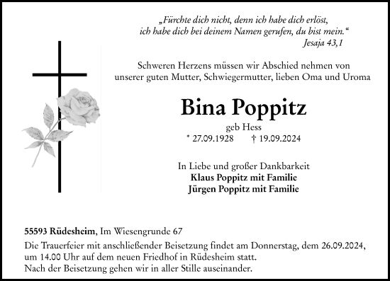Traueranzeige von Bina Poppitz von Allgemeine Zeitung Rheinhessen-Nahe