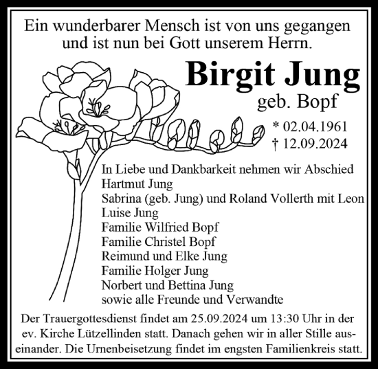 Traueranzeige von Birgit Jung von Wetzlarer Neue Zeitung