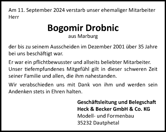 Traueranzeige von Bogomir Drobnic von Hinterländer Anzeiger