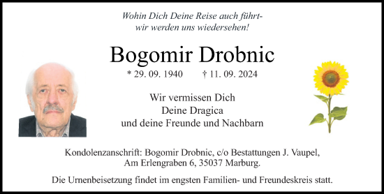 Traueranzeige von Bogomir Drobnic von Hinterländer Anzeiger