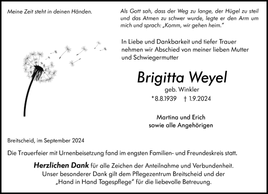Traueranzeige von Brigitta Weyel von Dill Block