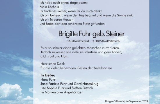 Traueranzeige von Brigitte Fuhr von Dill Block